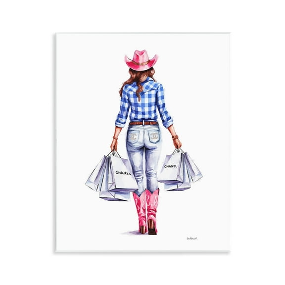 Stupell Industries Cowgirl & Shopping Bags People Painting Unframed Art Print Wall Art, 11 x 14