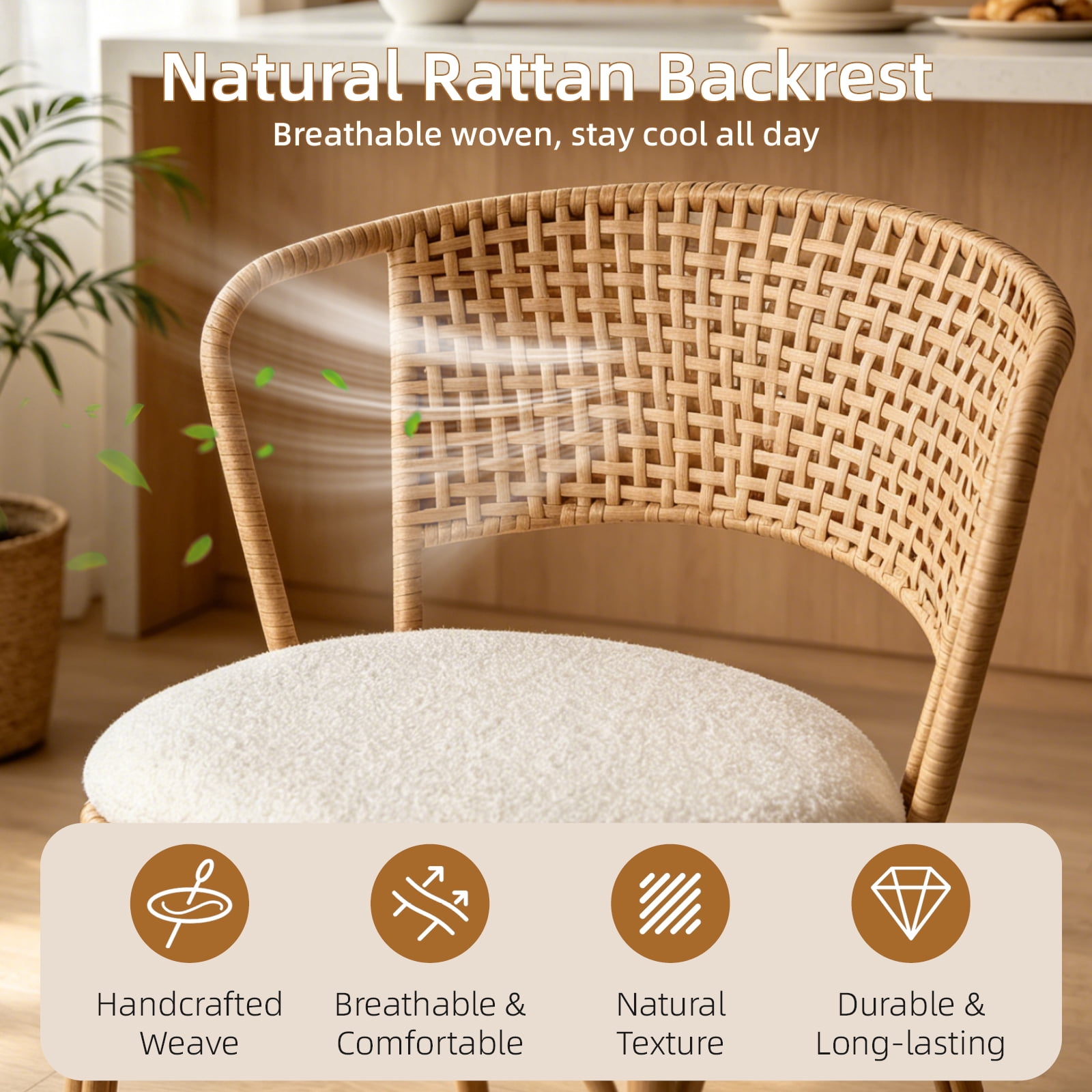 Set of 2 Rattan Backrest Bar Stools with Metal Legs and Upholstered Seat, Modern Boho Counter Stools and Kitchen Island Chairs, Cream