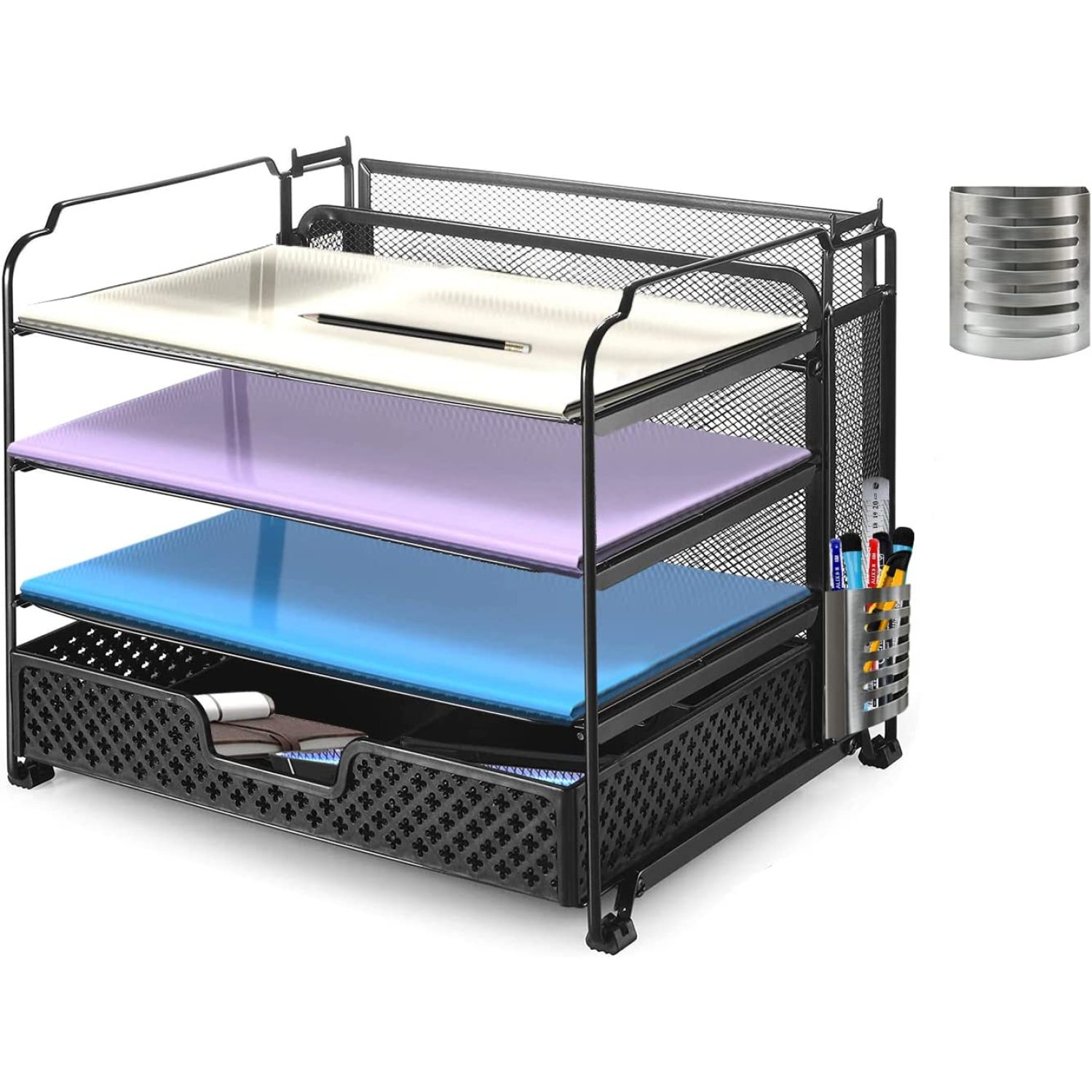 FulnKye 4Trays Mesh Office Supplies Desk Organizer, Desktop Hanging