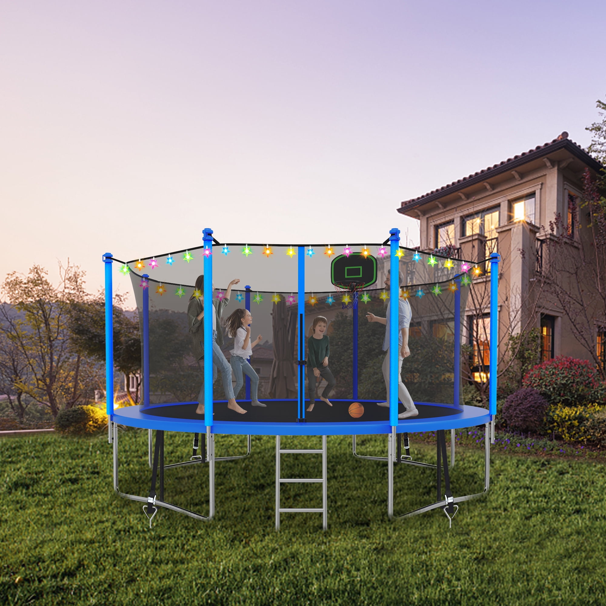 CITYLE Trampoline 14FT Trampoline with Enclosure and Basketball Hoop, 1400lbs Outdoor Trampoline for Adults and Kids with Lights for Christmas, Heavy Duty Backyard Trampoline Last Long