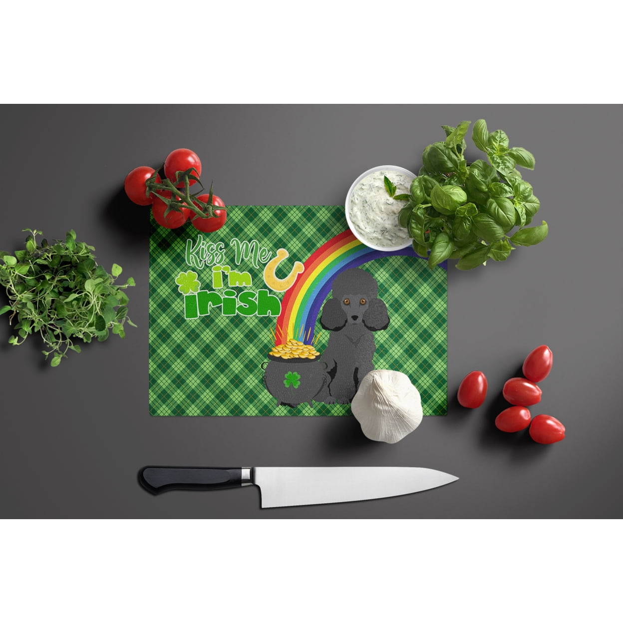 Toy Black Poodle St. Patrick's Day Glass Cutting Board Large 12 in x 15 in