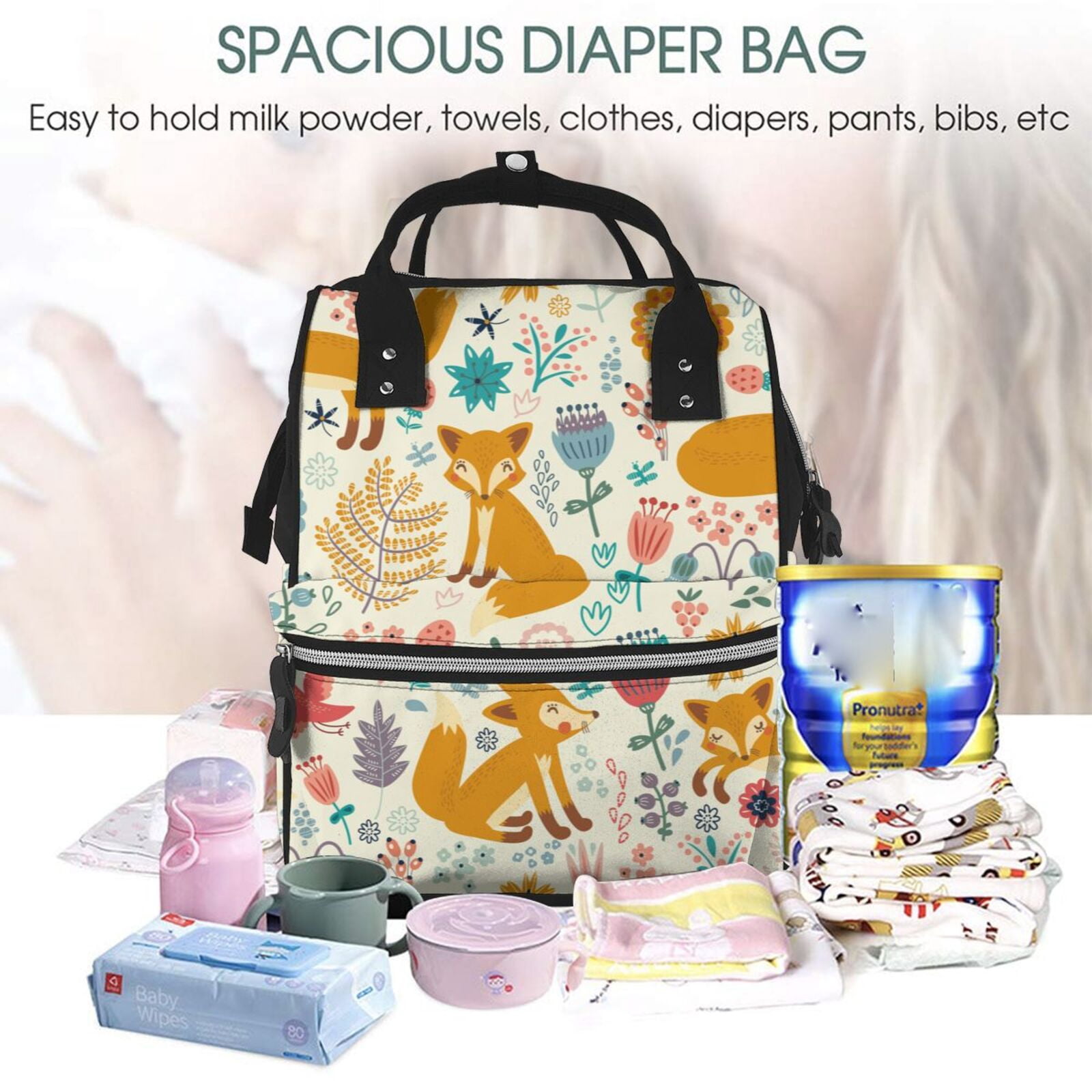 Defioc Whimsical Fox Floral Garden for Baby Diaper Bag Backpack - Baby Bag for Boys & Girls - Diaper Backpack - Large Travel Diaper Bags- Baby Registry Search & Shower Gifts