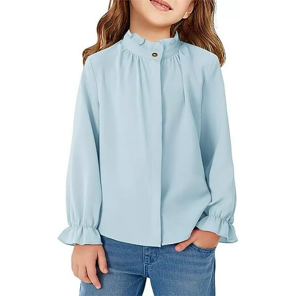 REDARER Girls Long Sleeve Blouse Ruffle Trim Stand Collar Shirt Loose Fit Casual Top Plain Spring Summer Kids Comfortable Wear,Color:Blue,Size:11-12 Years