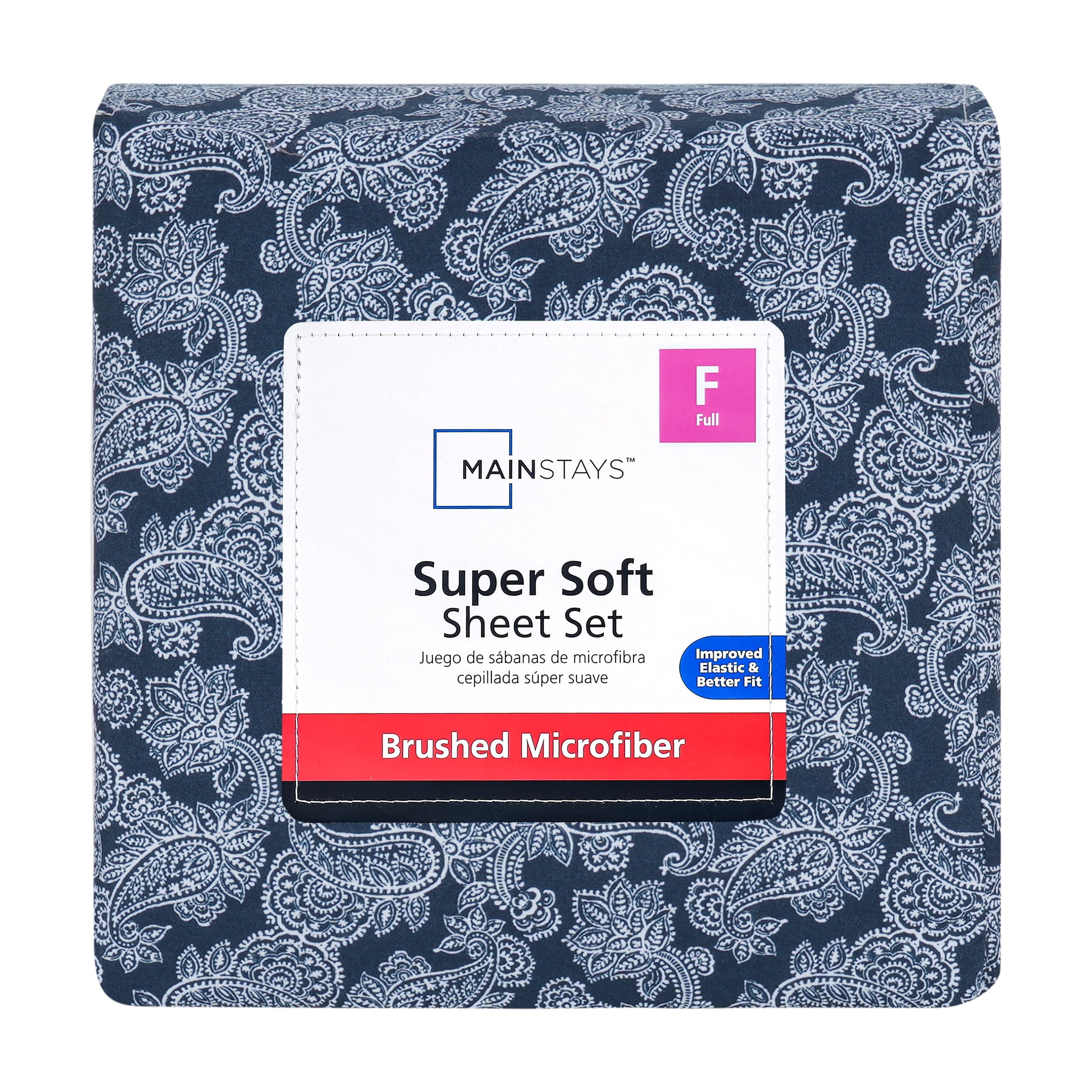 Mainstays Super Soft Brushed Microfiber Bed Sheet Set, Navy Blue Hayden Paisley Print, Full, 4 Piece