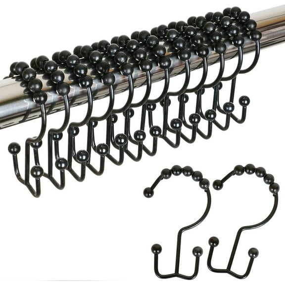 Wattne Shower Curtain Hooks Rings, Rust-Resistant Metal Double Glide Shower Hooks for Bathroom Shower Rods Curtains, Set of 12 Hooks - Matte Black
