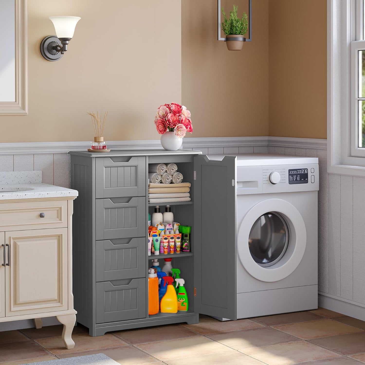 Short Pantry Storage Cabinet, Noelse 33'' Small Kitchen Pantry with 4 Drawers 3 Shelves and 1 door for Kitchen Dining Room and Bathroom, Gray