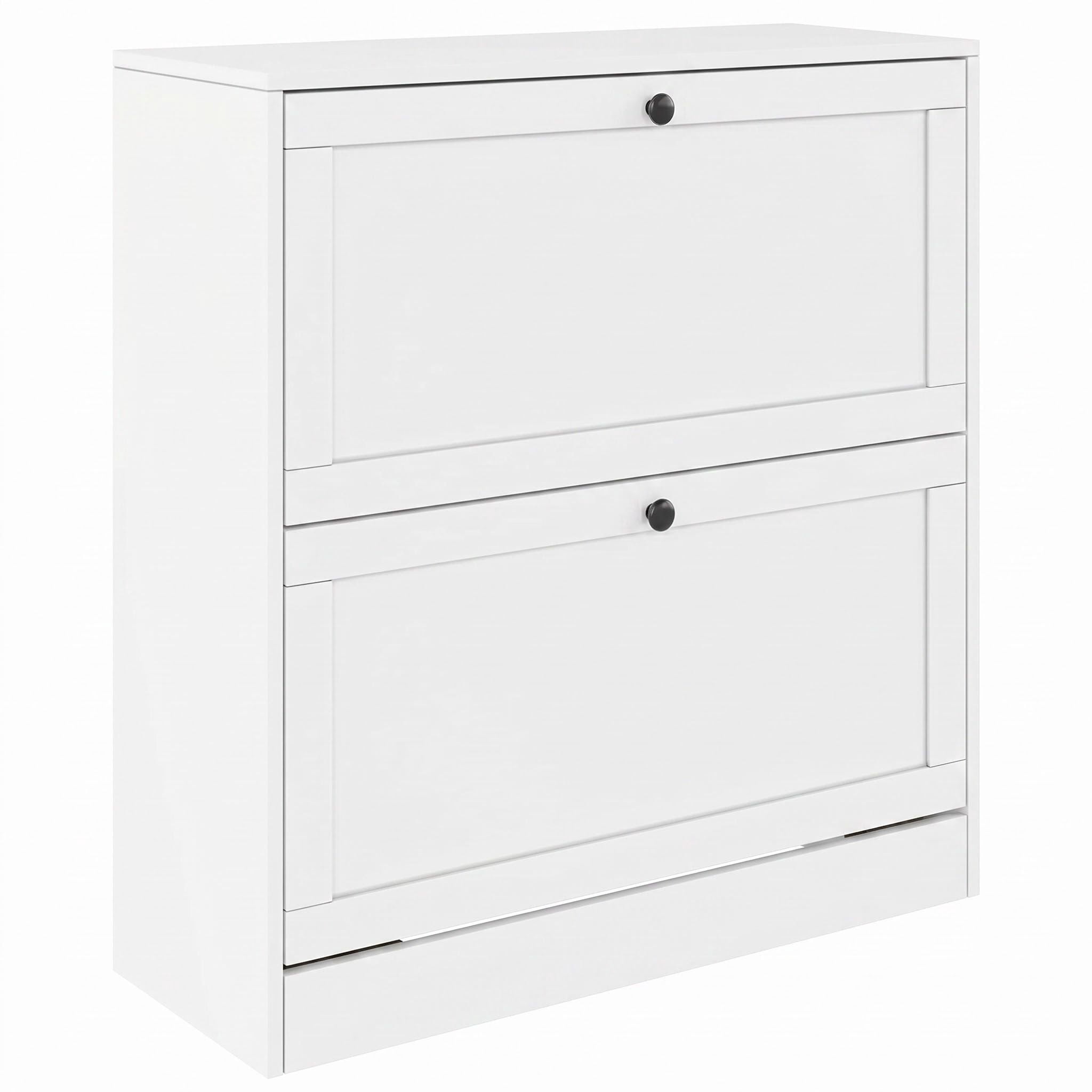 2-Tier Flip Drawer Shoe Storage Cabinet, Slim Space Saving White Shoe Organizer with Anti-Tipping Kit Vent Holes for Entryway Hallway Apartment, Holds 12-15 Pairs
