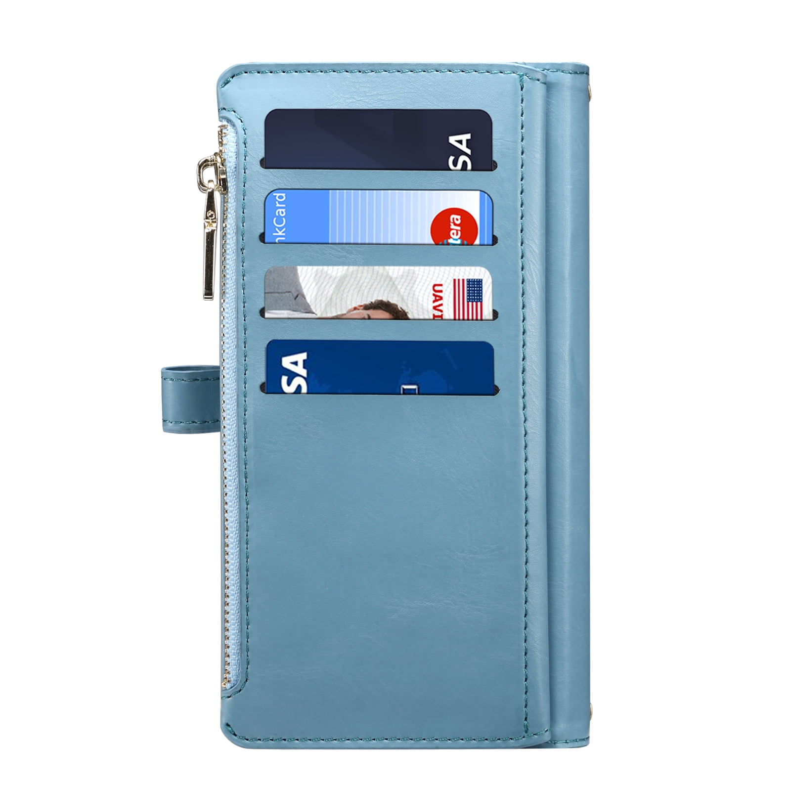 Dteck Wallet Case for iPhone 13 6.1 Inch, Leaf Pattern Luxury PU Leather RFID Blocking Card Slots Holder Zipper Pocket Flip Case with Kickstand Magnetic Crossbody Strap Phone Cover,Blue