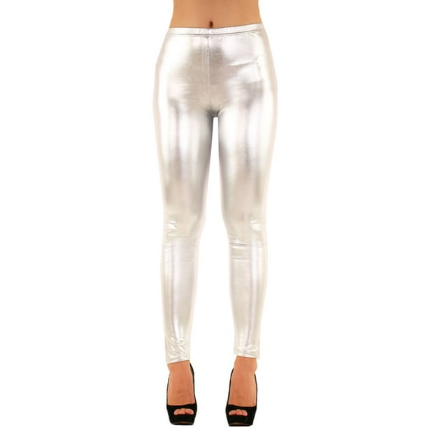Women's Metallic Wet-Look Sleek Look Trouser Waist Shiny Leggings