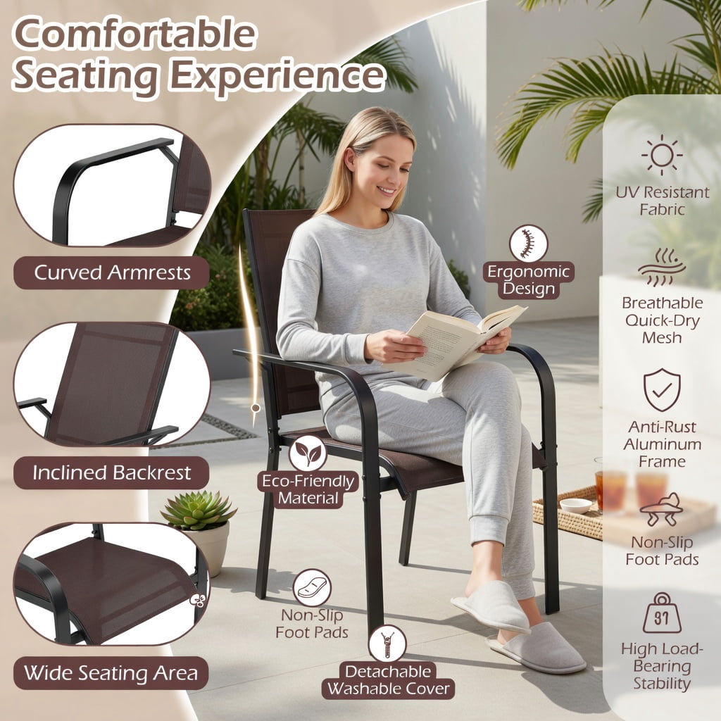 Hommoo Stackable Outdoor Patio Dining Chairs Set of 2, Modern Metal Armchairs with Breathable Mesh Back, Easy Assembly for Deck, Balcony & Garden, Coffee
