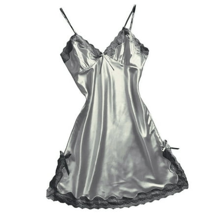 HYSYSB Nightgowns for Women balconette Bras for Women nighty for Women spaghetti Strap Nightgown women Satin Sexy Bowknot Lace Lingerie V Neck Sleepdress Underwear chemise for Women Gray L
