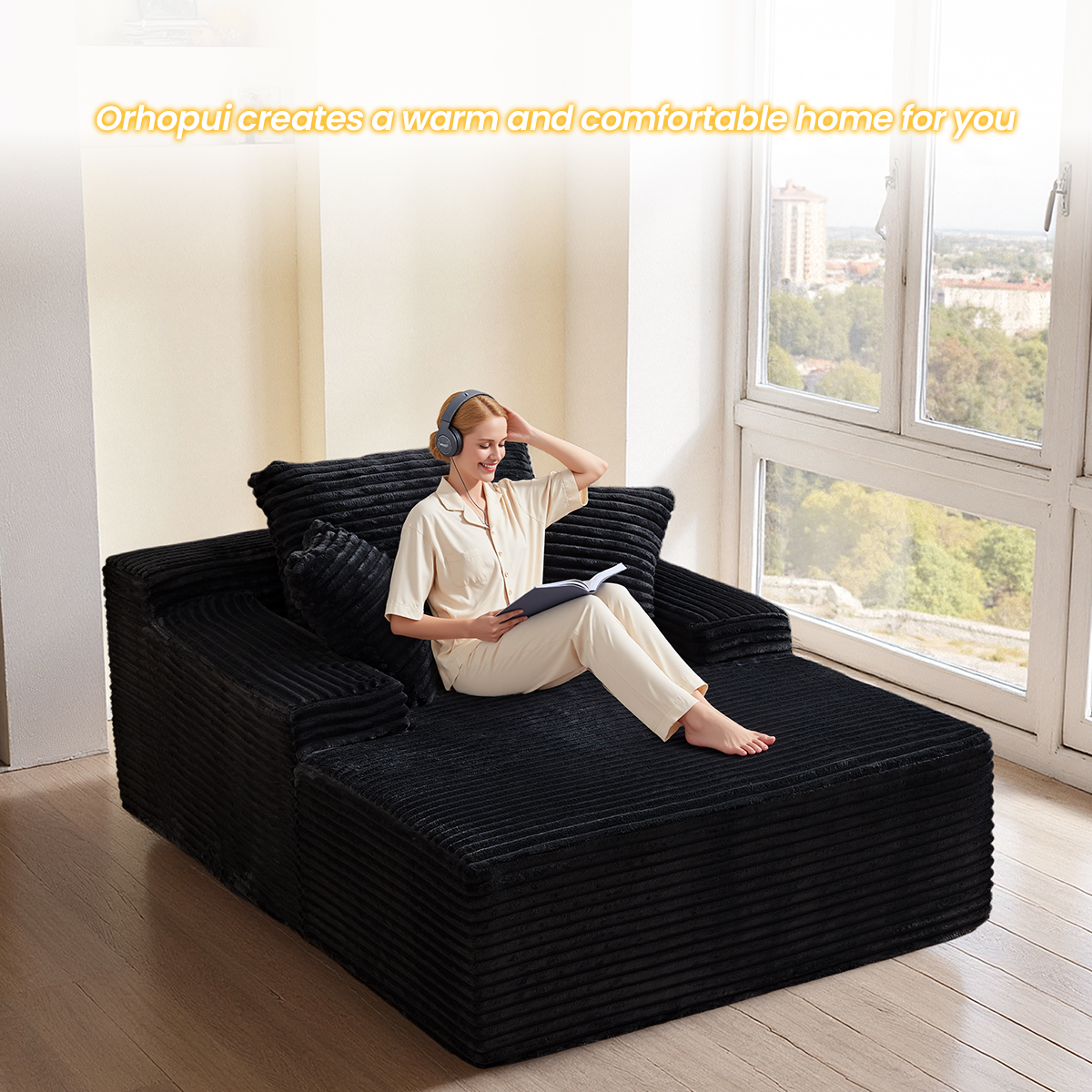 49.6" W Oversized Chaise Lounge Chair Indoor, Boneless Couch with 4 Pillows, Cozy Reading Chairs with Wide Arms, No Assembly Corduroy Boneless Chair, Memory Foam Couch for Living Room, Gray