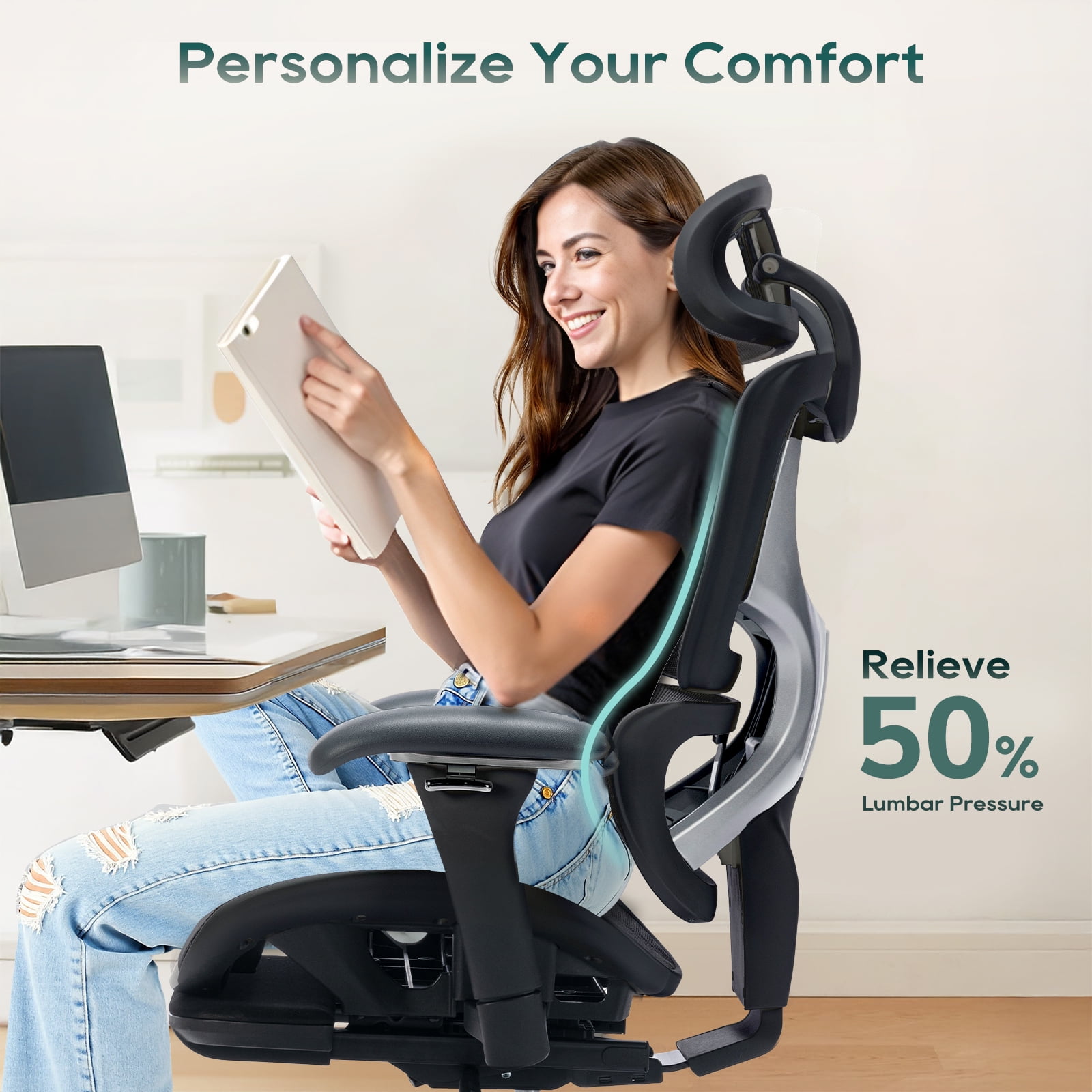 AFO Ergonomic Mesh Office Chair with Footrest – High-Back Executive Desk Chair with Adjustable Headrest, 3D Armrests, Lumbar Support & Tilt Lock – Black
