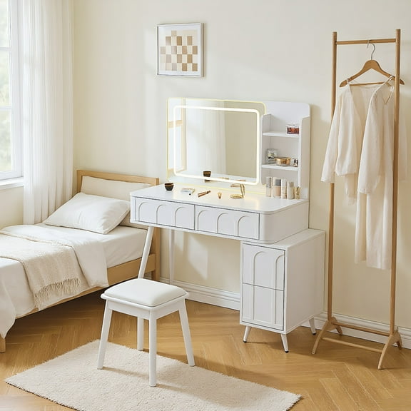 Yardi Yarda Modern Makeup Vanity Desk with LED Lights & Mirror, 4 Drawer Dressing Table Set with Stool and 3 Colors Dimmable Brightness for Indoor, White