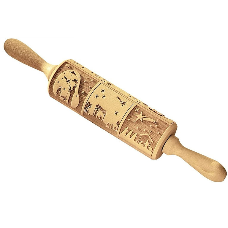 Zoomarlous Nativity Engraved Rolling Pin Non-Stick Wooden Embossed Dough Roller Rolling Pins for Cookies Pies Clay Kitchen Tool