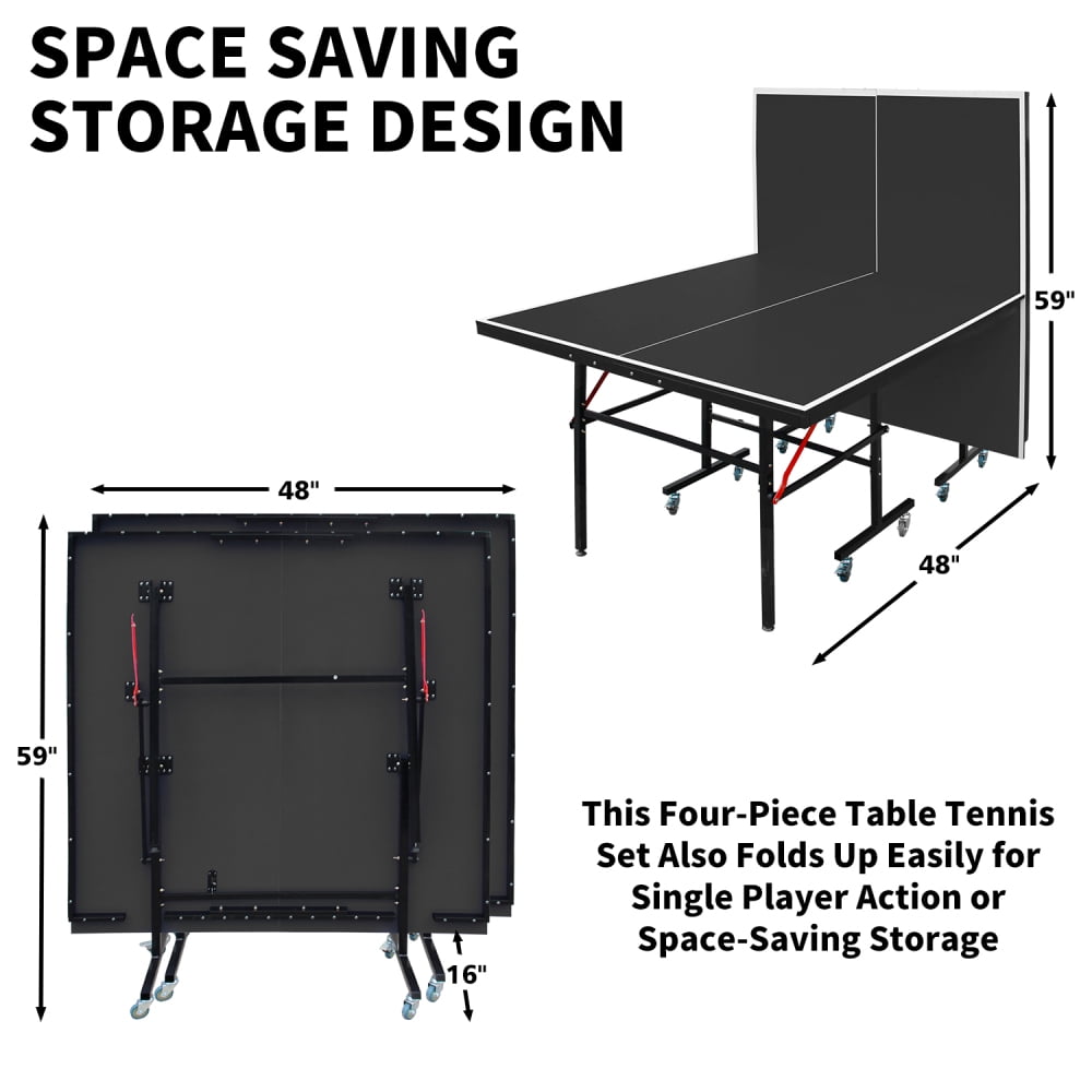 8ft Black Mid-Size Table Tennis Table Foldable & Portable Ping Pong Table Set for Indoor Games with Net, 2 Table Tennis Paddles and 3 Balls
