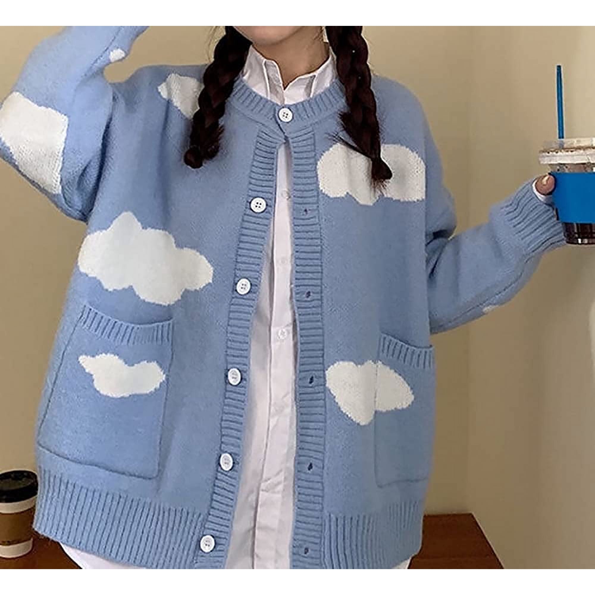 Women Kawaii Cloud Knitted Cardigan Long Sleeve Button Down Cute