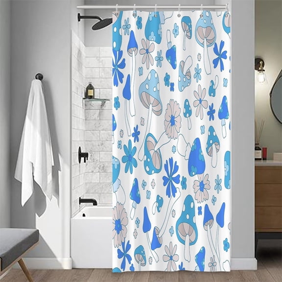 Blue Mushroom Shower Curtain Retro Floral Boho Fabric Bath Curtain with Hooks for Bathroom 71x71 inches