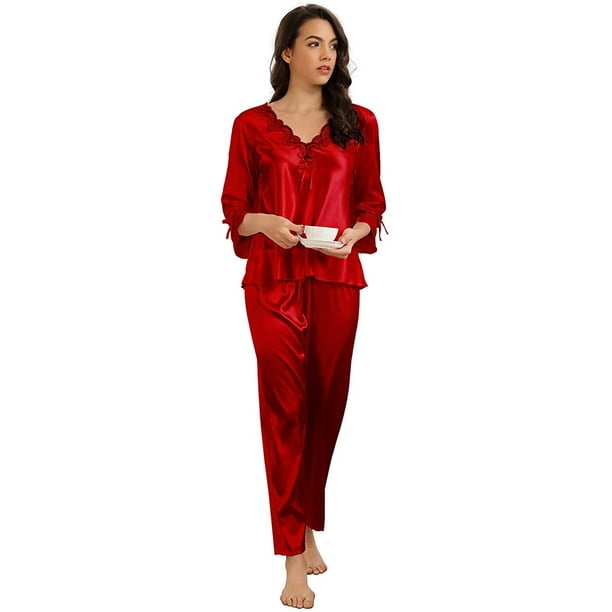 Womens Silk Satin Pajamas Set 2 Piece Sleepwear Loungewear 3/4 Sleeve