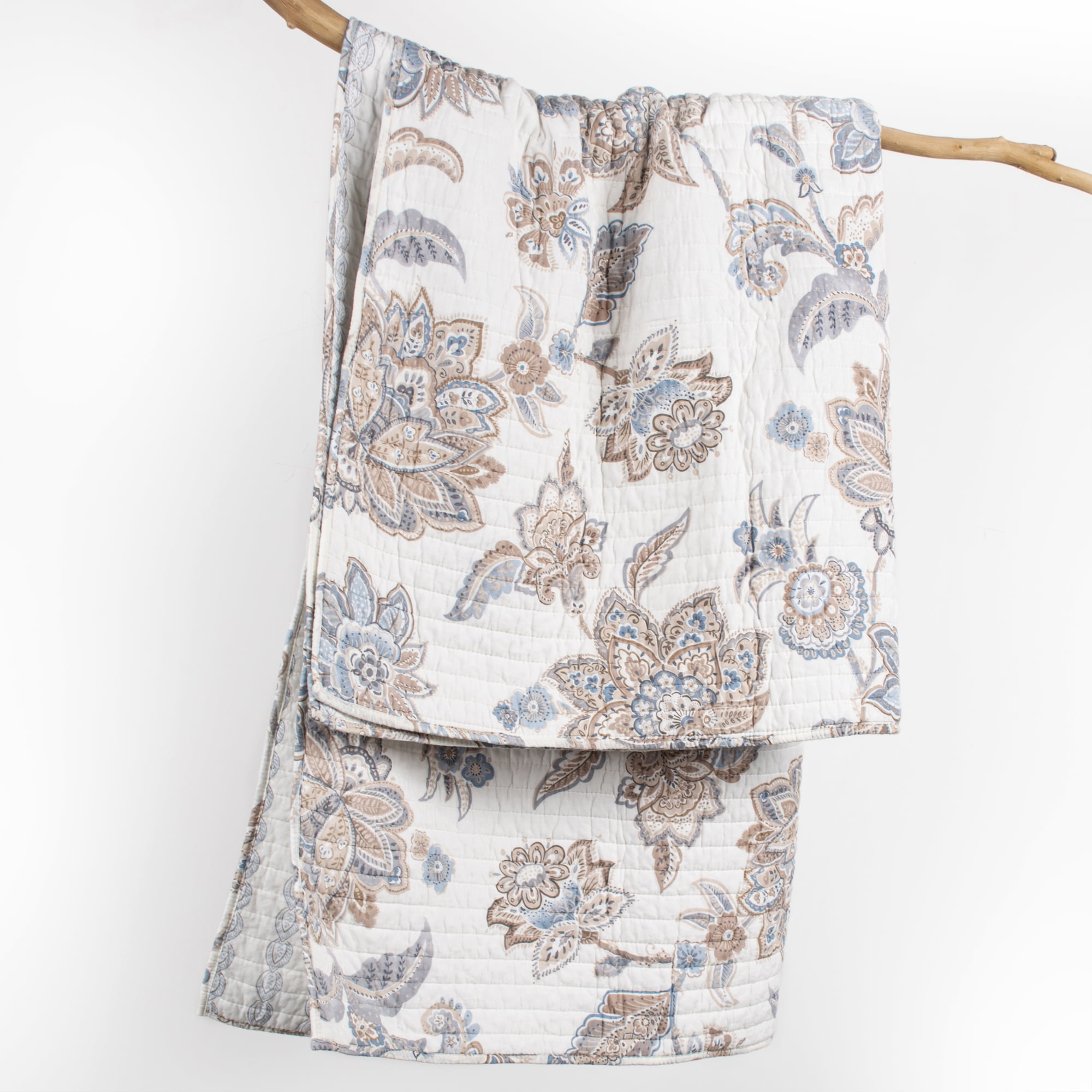 Levtex Home - Selesta Blue - Throw - Floral - Blue Taupe Grey - Quilt (50x60in.) and Sham 50x60in. - Cotton