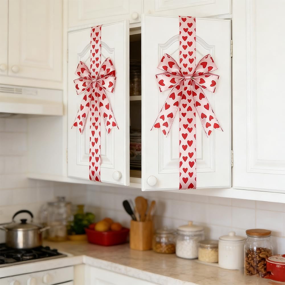 Valentine’s Day Cabinet Bows, Valentine’s Day Pink Heart Large Bow Decoration, 79 x 2.4 Inch Polyester Fringe Giant Heart Bows for Cabinet Doors, Reusable Valentine Home Decor(6pcs Pink)