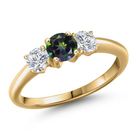 Gem Stone King 18K Yellow Gold Plated Silver Green Mystic Topaz and Lab Grown Diamond Engagement Ring for Women | 1.09 Cttw | Round 5MM | Gemstone November Birthstone | Size 5