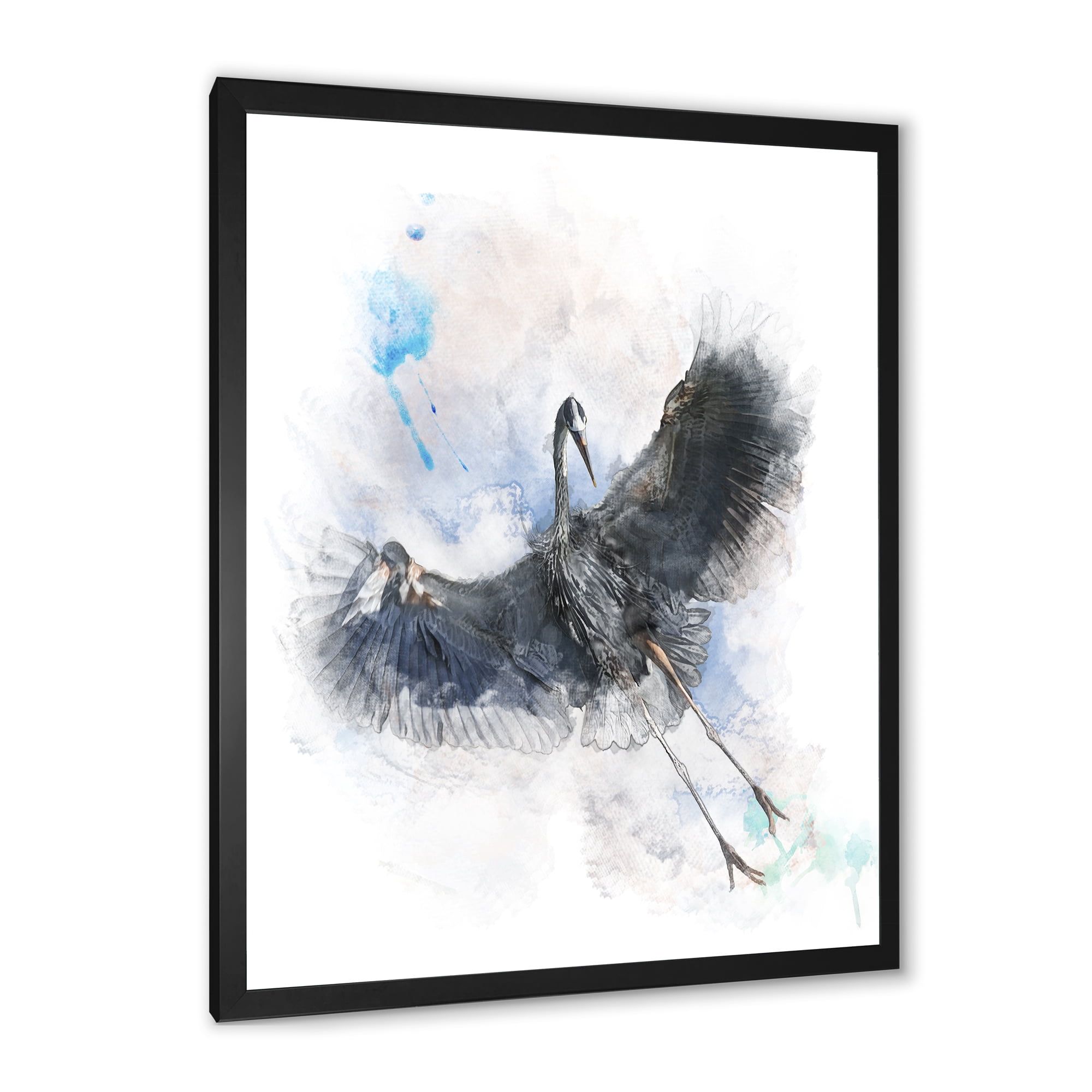 Designart 'Great Dark Blue Heron Bird Illustration' Farmhouse Framed Art Print