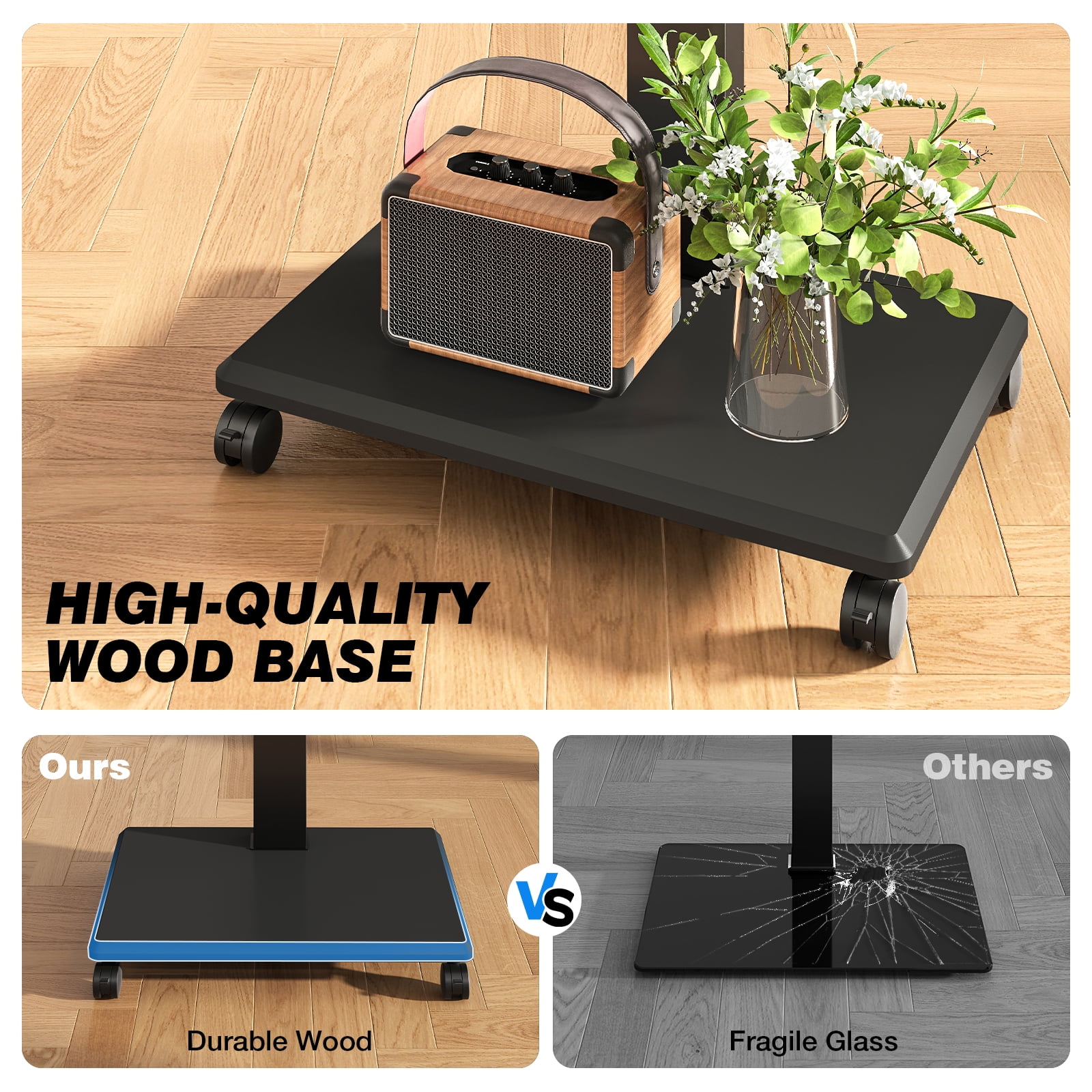 RTVR Mobile TV Cart Stand with Hand Crank Lift for 42-75 inch Screens, ±90° Rotation and ±5° Tilt Height Adjustable Swivel TV Stand with Wheels, Black