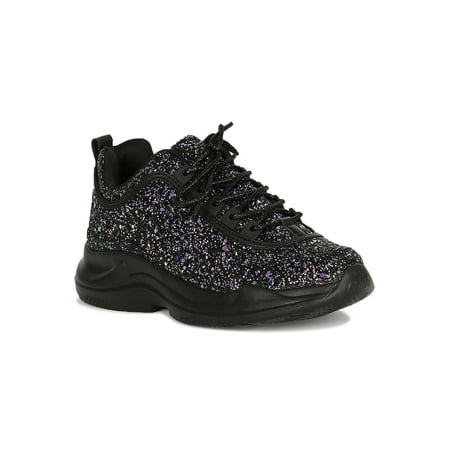 - Women Scoop Piping Trim Glitter Lace Up Sneaker 18946