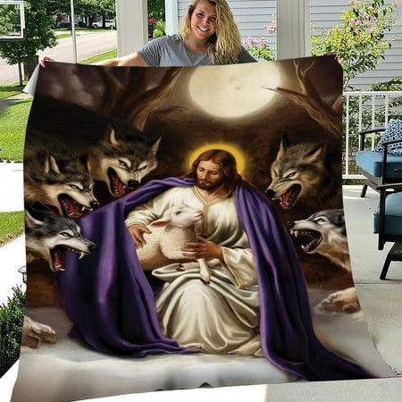 Lotusprinthandmade Jesus Protects Lamb From Wolf Fleece Blanket 2 Sizes (Made in US) (60 x50 ) jesus plush throw christian inspiration fleece Lotusprinthandmade Jesus Protects Lamb From Wolf Fleece Blanket 2 Sizes (Made in US) (60 x50 ) jesus plush throw christian inspiration fleece