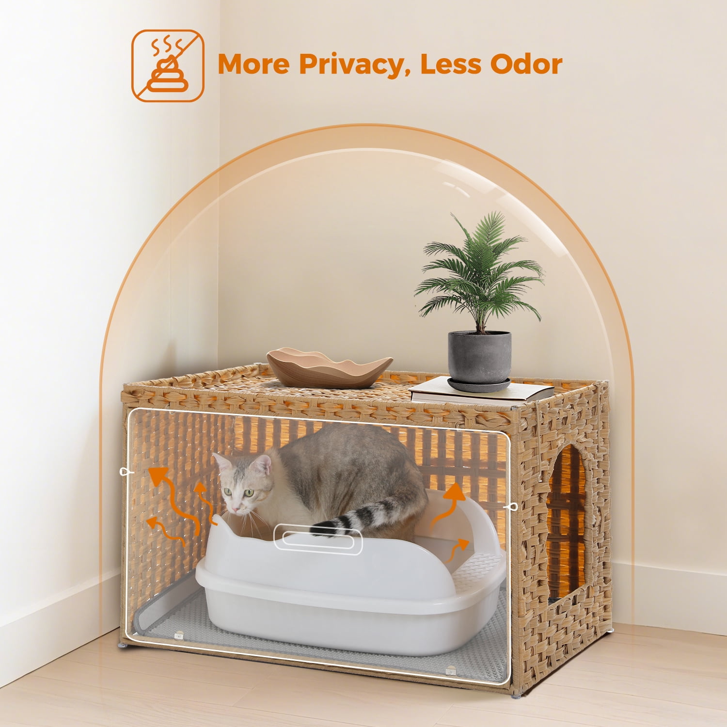 PEQULTI Rattan Cat Litter Box Enclosure Pet House with Taller Doorway for Large Cats Indoor Beige