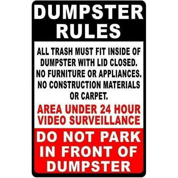UEJUNBO Metal Sign Great Tin Sign Dumpster Rules Sign Trash Disposal Rules Under Surveillance No Construction Waste 8 X 12 Inch
