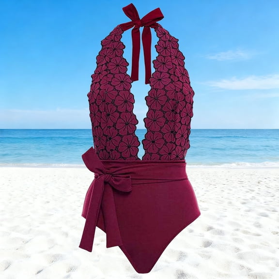 Fewfanhot One Piece Swimsuit Women Deep V Neck Bathing Suit Scallop Trim Swim Suits Crisscross Back Tie Swimwear