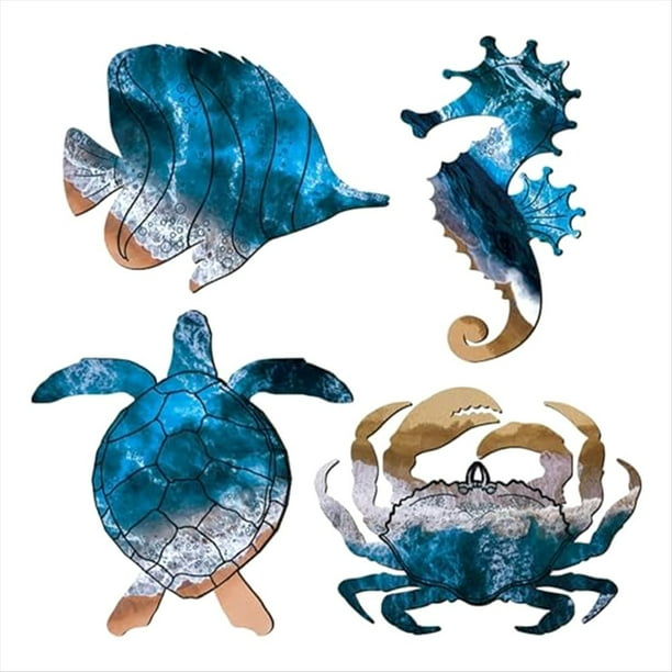Esculturas de Pared DecoracióN de Arte de Pared Al Aire Libre de Metal, Tema de DecoracióN de Mar de Piscina de Playa con DecoracióN de Cangrejo de Tortuga Marina de Metal