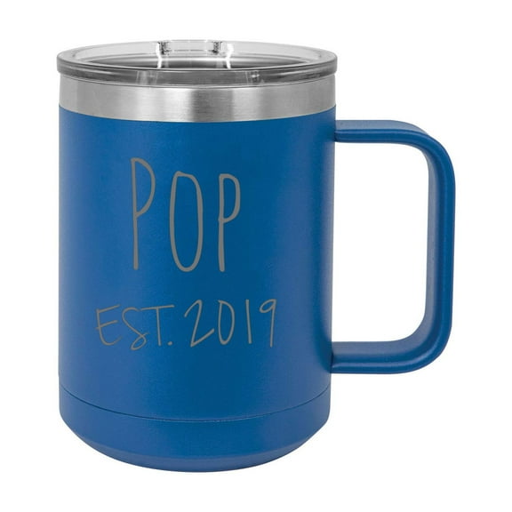 Pop Est. 2019 Established Stainless Steel Vacuum Insulated 15 Oz Engraved Double-Walled Travel Coffee Mug with Slider Lid