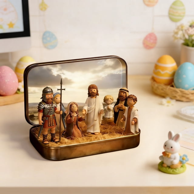 Luiuiu Mini Nativity Set in a Tin Box, Handcrafted Resin Christmas Scene for Home Office Tabletop Decor, Birth of Jesus with Holy Family Sheep & Jesus Figurines,Small Religious Christmas Decor
