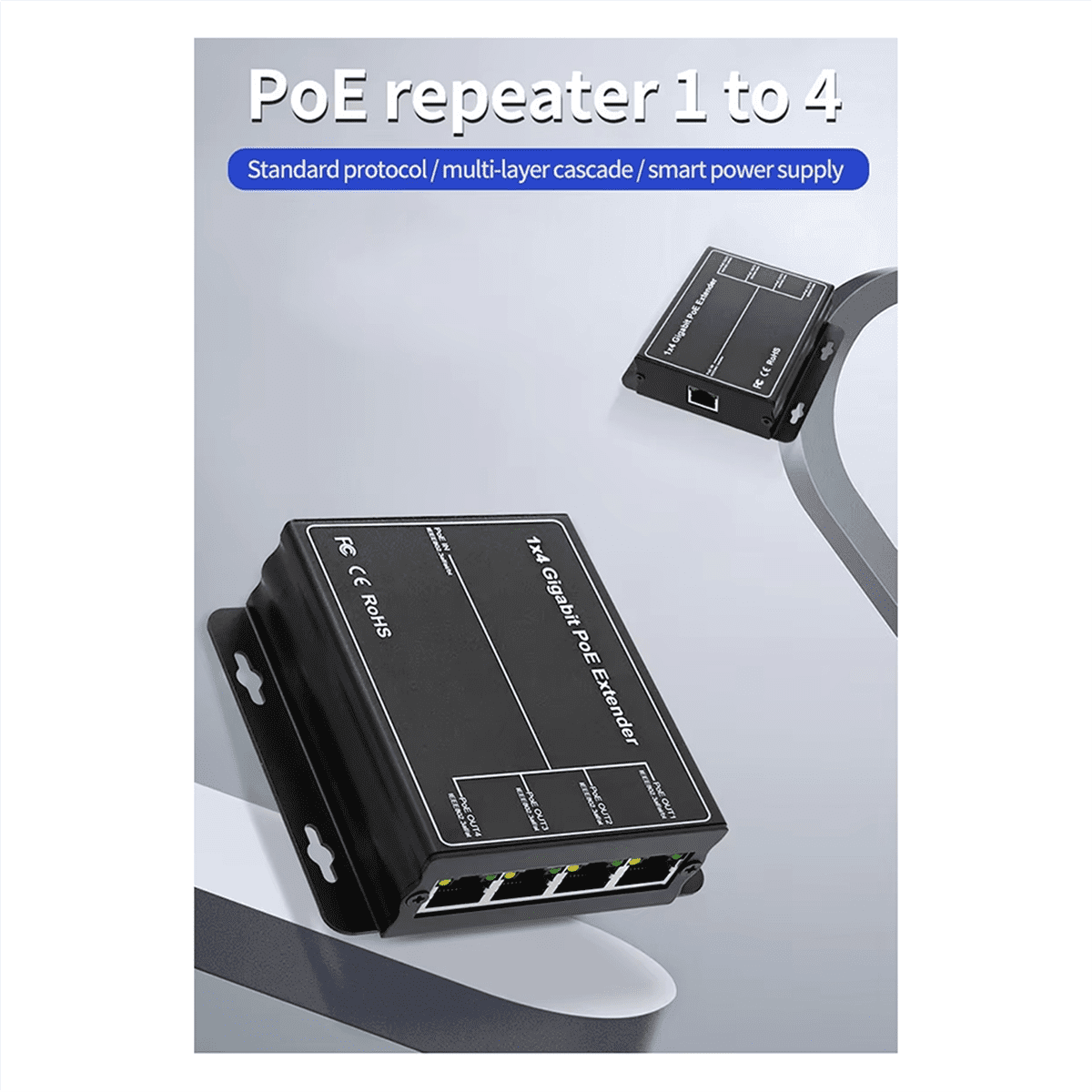 4 Port Gigabit POE Extender 100/1000Mbps 90W 1in 4 Out PoE Repeater DIN Rail Network VLAN for 48V POE Camera Wierless AP