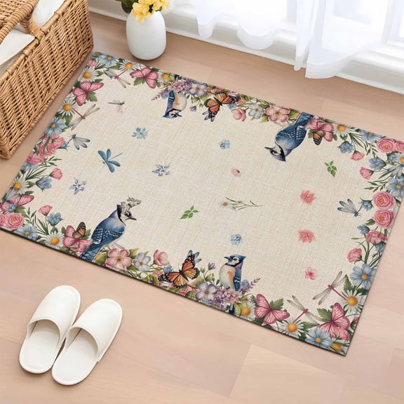 Spring Floral Birds Entryway Rug 2'x3' Non Slip Front Door Mats, Butterflies Daisy Farmhouse Flowers Entrance Rugs Indoor Outdoor Carpet, Washable Floor Mats Small Area Rug for Bedroom Kitchen