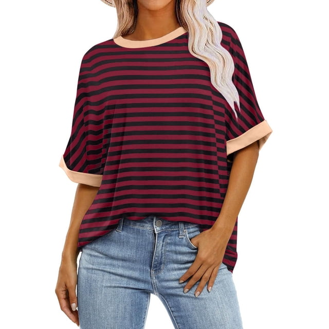 Pisexur Hauts d'Été pour Femmes Mode Décontractée Blouses à Imprimé Rayé Amples Confortables T-Shirts à Col Rond Basiques Polyvalents à Manches Courtes Hauts de Sortie T-Shirts Chemises
