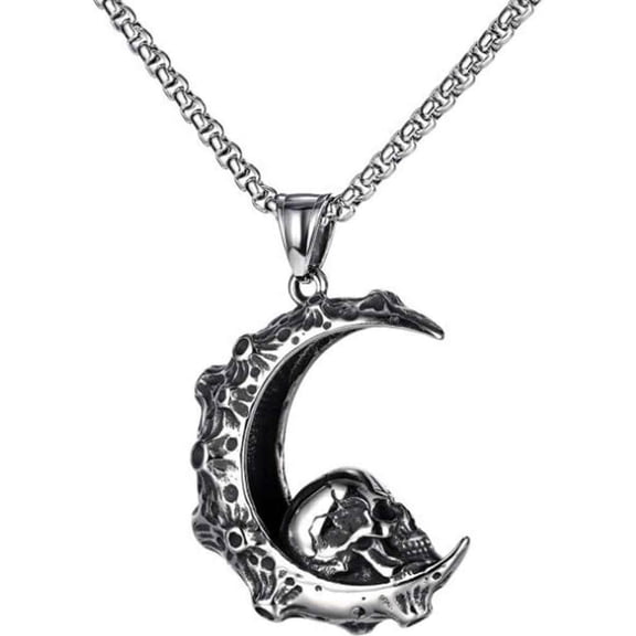 Stainless Steel Retro Vintage Moon Crescent Gothic Skull Biker Halloween Pendant Necklace