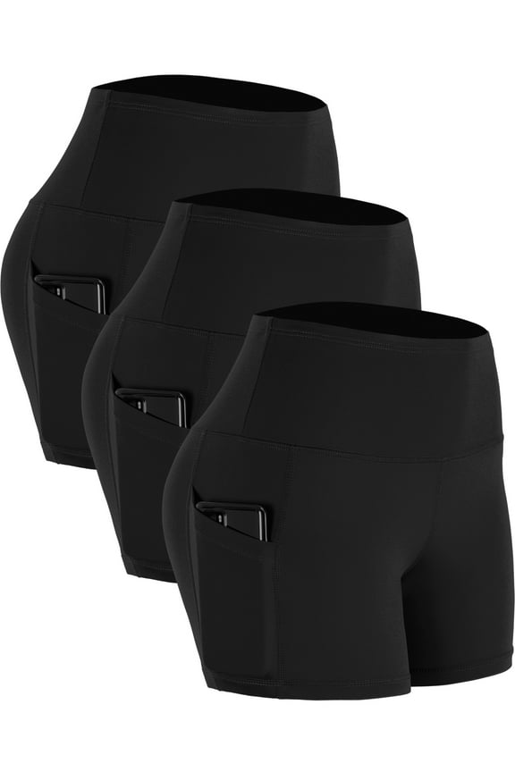 Womens 4" High Waist Athletic Spandex Shorts for Yoga with Pockets 3 Packs,Black,US Size L
