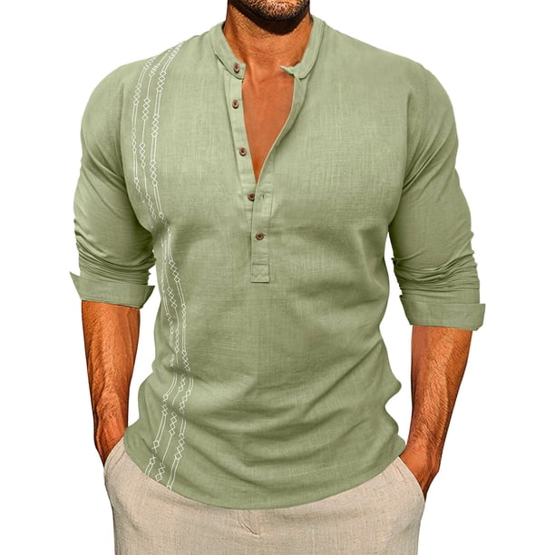 Ceisia Men's Slim Fit Long Sleeve Stand-Up Collar Slub Linen Shirt with Geometric Embroidery Army Green XL Gifts