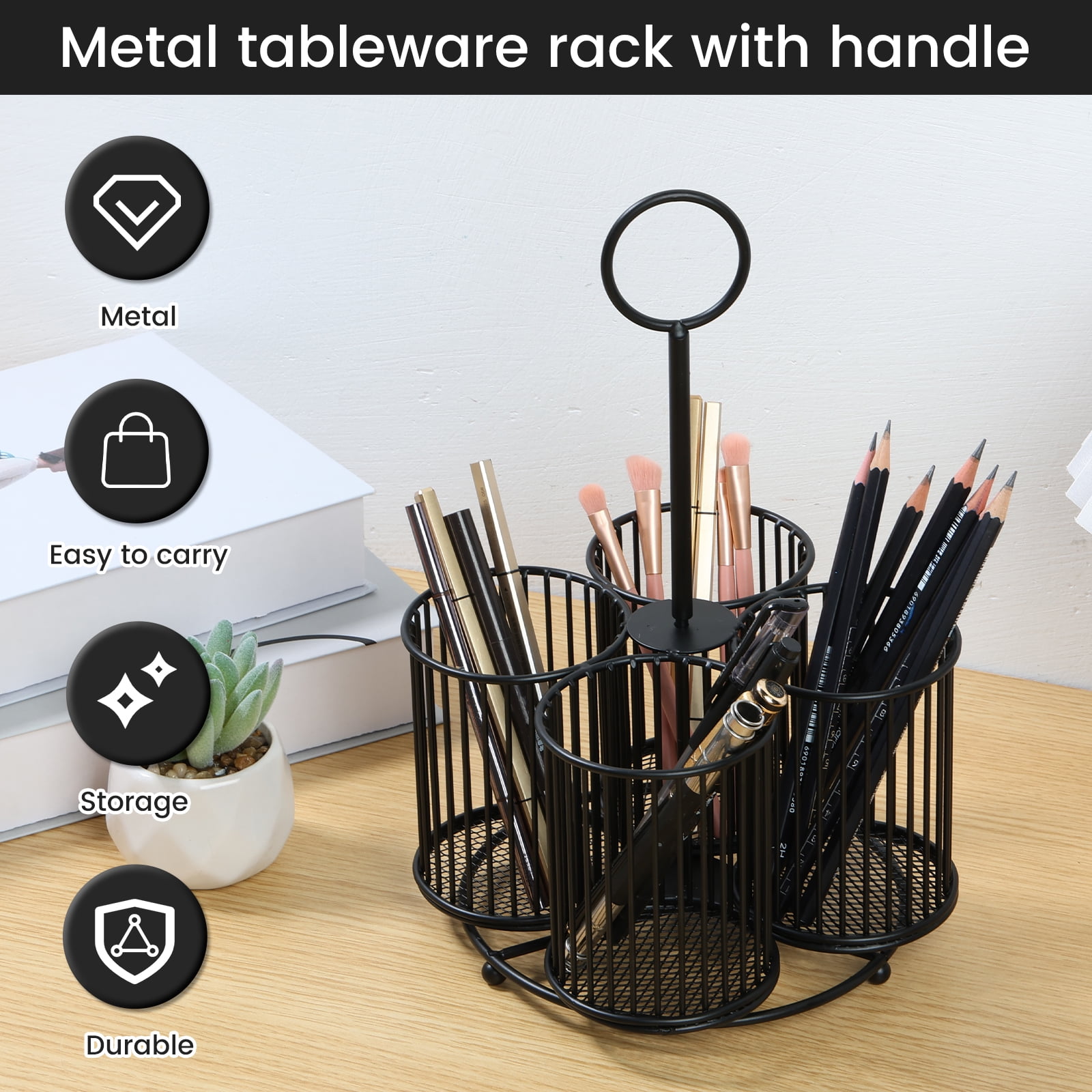 Vensio Black 360 Rotating Utensil Caddy 4 Compartment Metal Mesh Cutlery Storage Organizer Holder for Kitchen Countertop