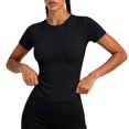 thumbnail image 3 of Womens Summer Yoga Shirts Cap Sleeve Crew Neck Open Back Cutout Crop Tops Cross Wrap Hem with Built-in Support Bra Stretchy Breathable Slim Fit Athletic Running Gym Tees Black S, 3 of 9