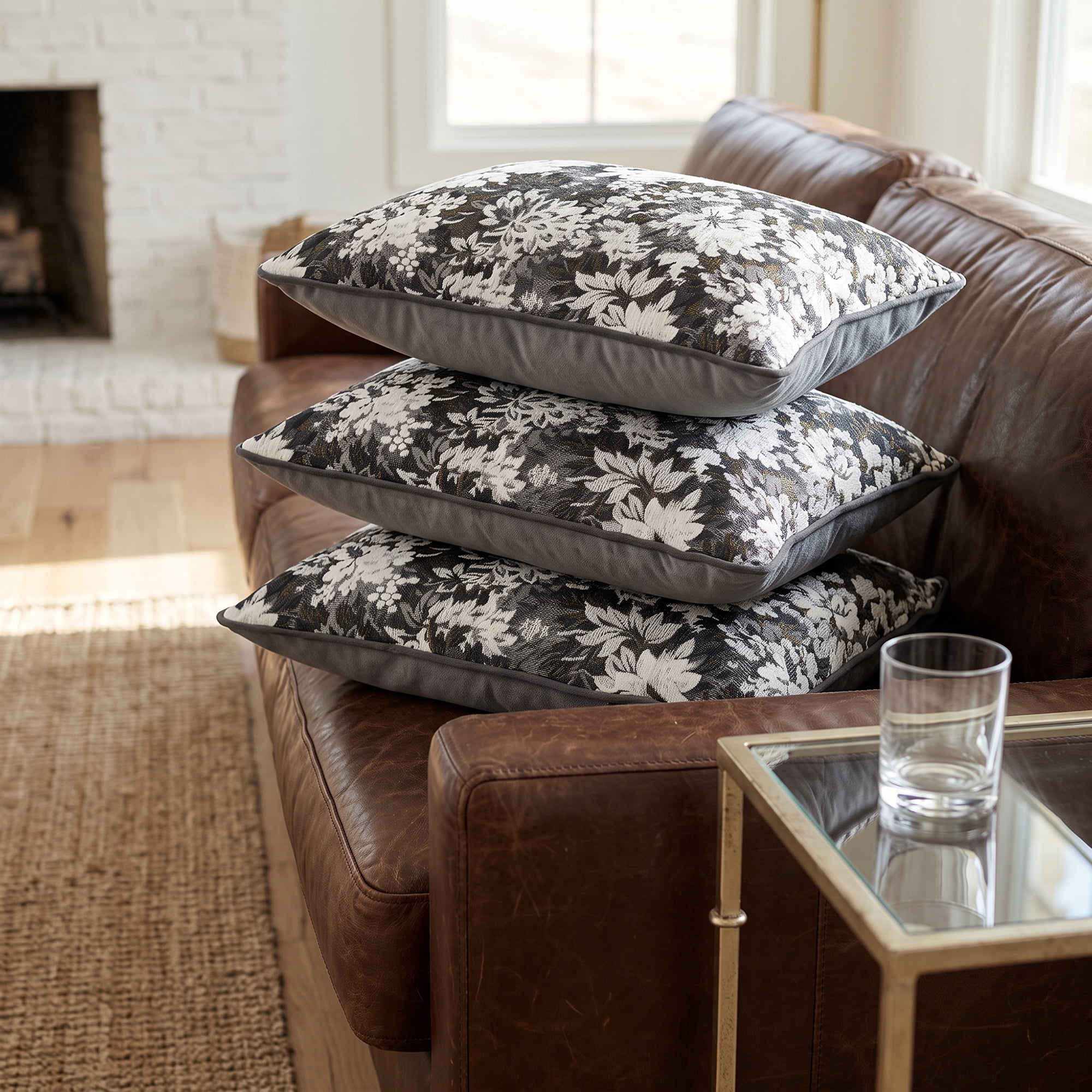 Unique Bargains Floral Throw Pillow Cover with Piped Edge Decor Cushion Case Black 20"x12"