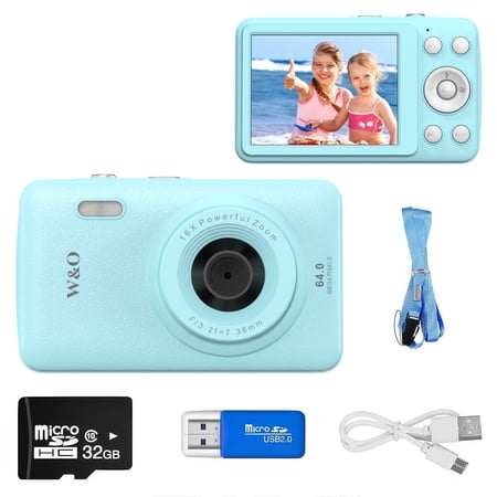 W & O Q3 Portable 16x Digital Zoom 48 MP CCD Point & Shoot Digital Camera with 32GB SD Card, Blue