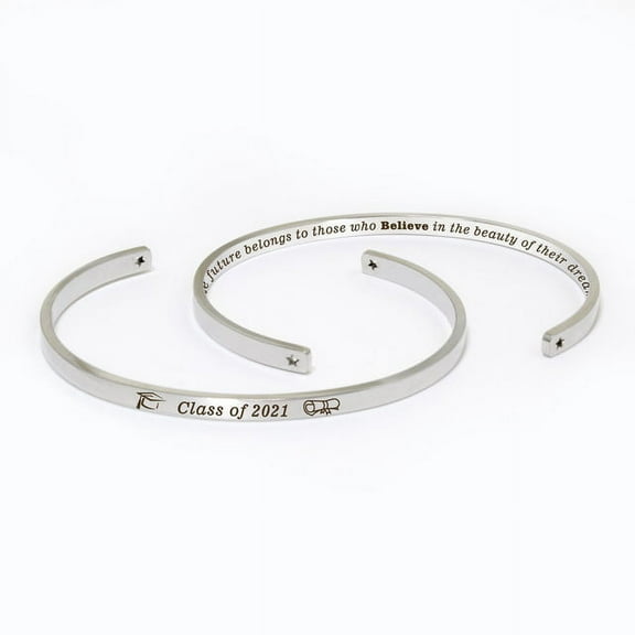 "The future belongs to…" Silver Stainless Steel Graduation Theme Hidden Message Gift for Her Cuff Bracelet with Gift Set