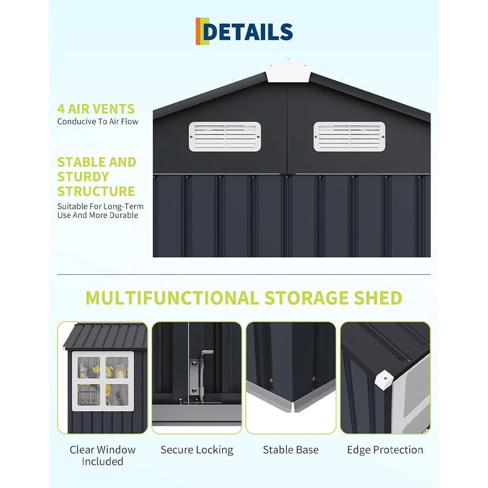 EastVita 8 x 6 ft Outdoor Metal Storage Shed with Windows and Lockable Doors Heavy-Duty Garden Tool Shed Dark Gray