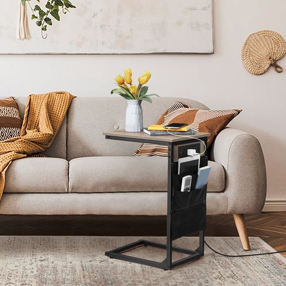 C Shaped End Table with Charging Station, TV Tray Set of 2, Couch Tables with Storage Bag, Slide Under Sofa Side Table with USB Ports and Outlets for Living Room, Grey
