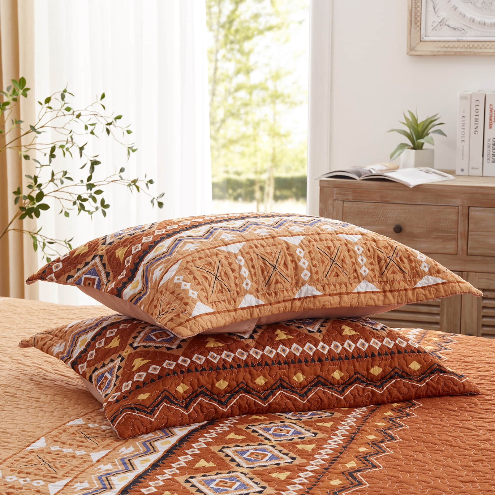 2-Piece Twin Size Quilt Set - Orange Rust Bohemian Bedspread Coverlet with 1 Pillow Sham, Microfiber